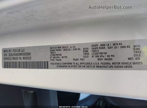 3C6LRVAG9ME552550 2021 RAM PROMASTER 1500 White Вид підкапотного простору