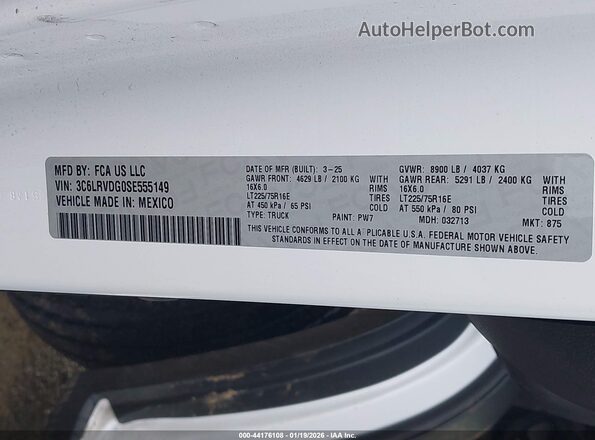 3C6LRVDG0SE555149 2025 RAM PROMASTER 2500 White Вид підкапотного простору