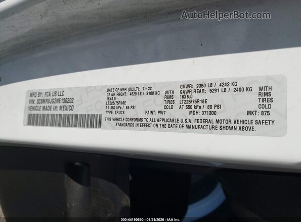 3C6MRVJG2NE136202 2022 RAM PROMASTER 3500 White Вид підкапотного простору