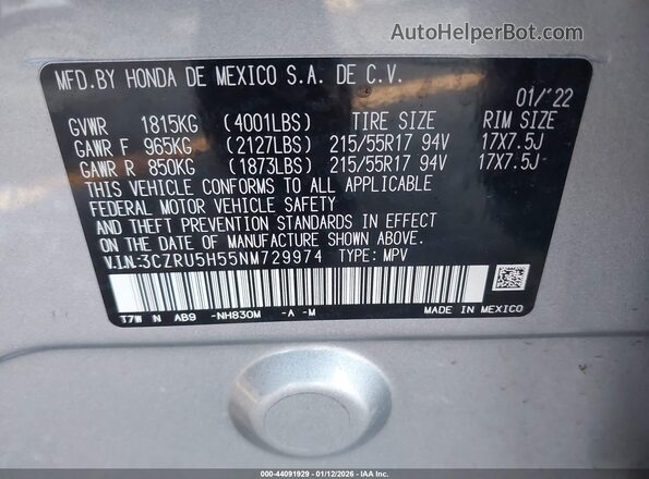 3CZRU5H55NM729974 2022 HONDA HR-V Silver Vista de la etiqueta del VIN