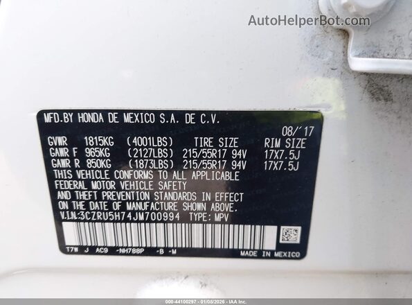 3CZRU5H74JM700994 2018 HONDA HR-V White ძრავის განყოფილების ხედი