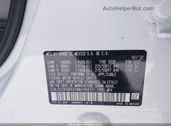 3CZRU6H31NM746677 2022 HONDA HR-V White Widok komory silnika