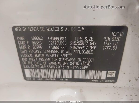 3CZRU6H35HM707319 2017 HONDA HR-V Белый Вид подкапотного пространства