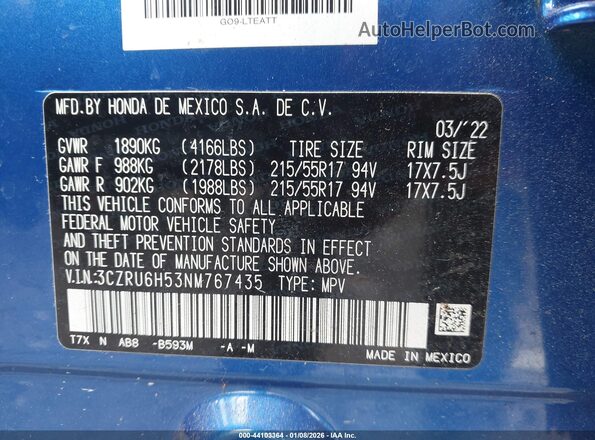 3CZRU6H53NM767435 2022 HONDA HR-V Dark Blue Vista del compartimento del motor