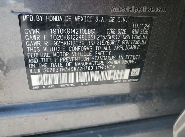 3CZRZ1H34SM726780 2025 HONDA HR-V Gray VIN կոդի պիտակի տեսք