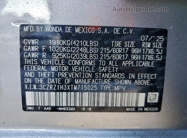 3CZRZ1H3XTM715025 2026 HONDA HR-V Silver VIN კოდის სტიკერის ხედი