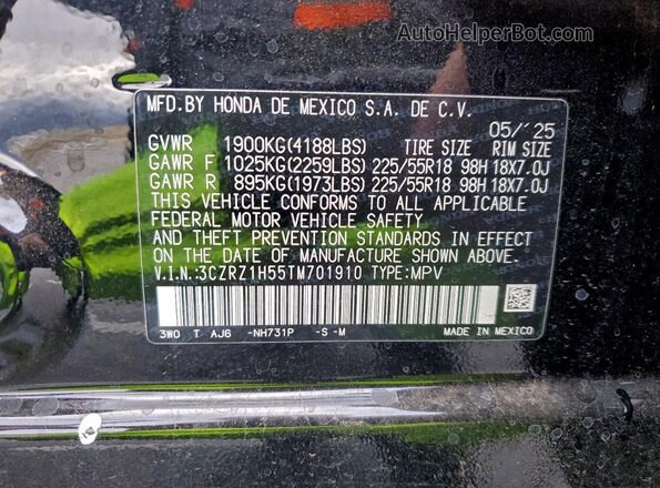 3CZRZ1H55TM701910 2026 HONDA HR-V Black Вид наклейки з VIN-кодом