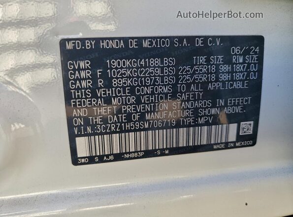 3CZRZ1H59SM706719 2025 HONDA HR-V White Вид наклейки з VIN-кодом