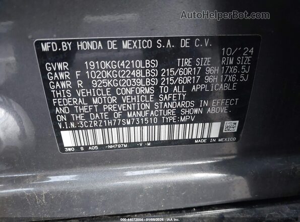 3CZRZ1H77SM731510 2025 HONDA HR-V Gray 