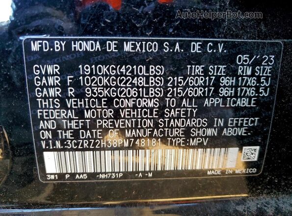 3CZRZ2H38PM748181 2023 HONDA HR-V Black 