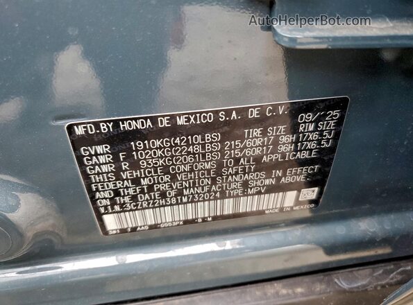 3CZRZ2H38TM732024 2026 HONDA HR-V Blue VIN sticker view