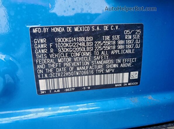 3CZRZ2H50TM706616 2026 HONDA HR-V Blue VIN sticker view