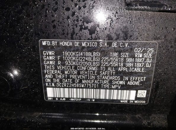 3CZRZ2H58SM775701 2025 HONDA HR-V Black Вид підкапотного простору