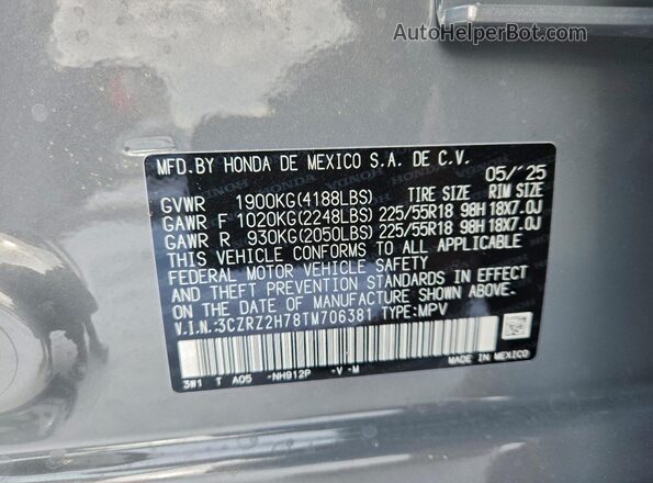 3CZRZ2H78TM706381 2026 HONDA HR-V Gray Vista interior de 360 grados