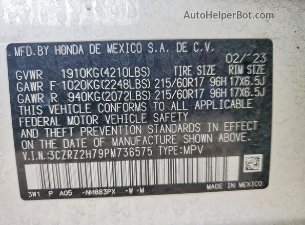 3CZRZ2H79PM736575 2023 HONDA HR-V White Вид наклейки з VIN-кодом