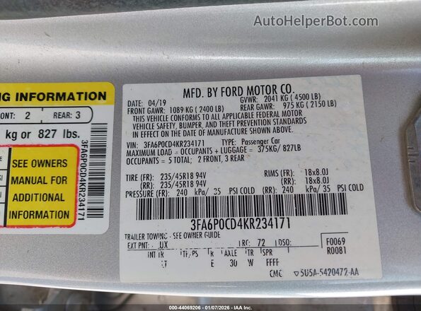 3FA6P0CD4KR234171 2019 FORD FUSION Silver 