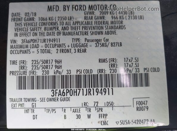 3FA6P0H71JR194911 2018 FORD FUSION Black Вид підкапотного простору