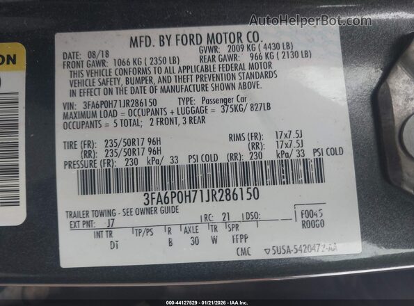 3FA6P0H71JR286150 2018 FORD FUSION Gray Вид підкапотного простору