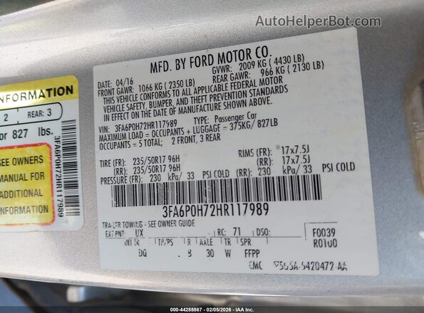 3FA6P0H72HR117989 2017 FORD FUSION Gray Շարժիչի բաժամունքի տեսք