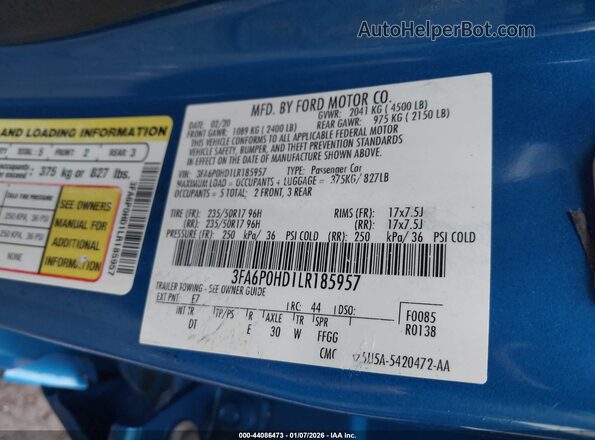 3FA6P0HD1LR185957 2020 FORD FUSION Blue Engine compartment view