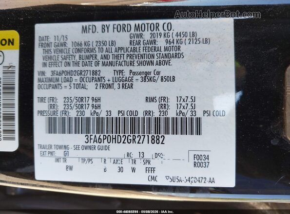 3FA6P0HD2GR271882 2016 FORD FUSION Black Engine compartment view