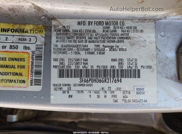 3FA6P0HD6GR217694 2016 FORD FUSION Серебряный Вид подкапотного пространства