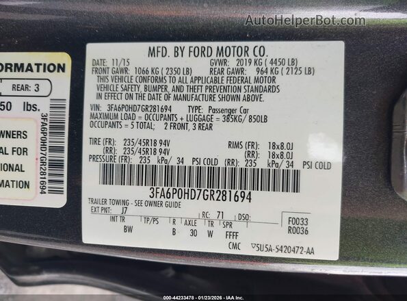 3FA6P0HD7GR281694 2016 FORD FUSION Gray ძრავის განყოფილების ხედი
