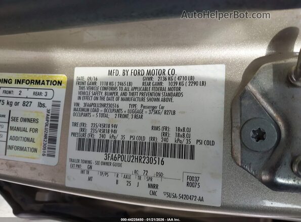 3FA6P0LU2HR230516 2017 FORD FUSION HYBRID Beige Vista del compartimento del motor
