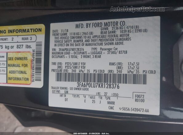 3FA6P0LU7KR128376 2019 FORD FUSION HYBRID Black 