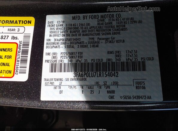 3FA6P0LU7LR154042 2020 FORD FUSION Gray Engine compartment view
