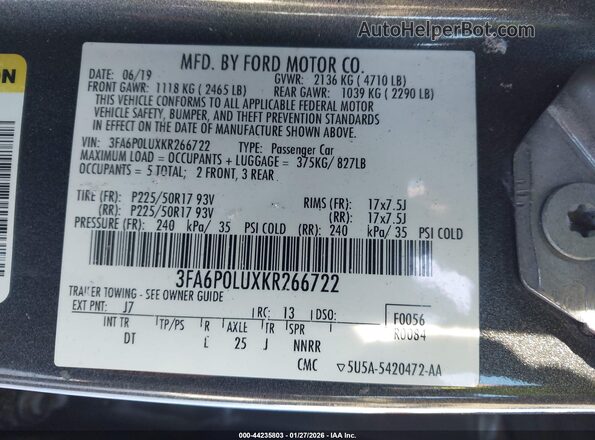 3FA6P0LUXKR266722 2019 FORD FUSION HYBRID Серый Вид подкапотного пространства