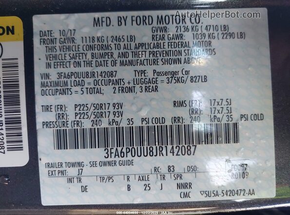 3FA6P0UU8JR142087 2018 FORD FUSION HYBRID Gray 