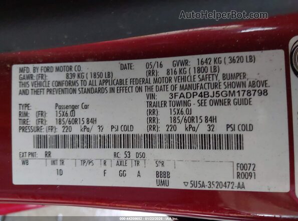 3FADP4BJ5GM178798 2016 FORD FIESTA Red ძრავის განყოფილების ხედი