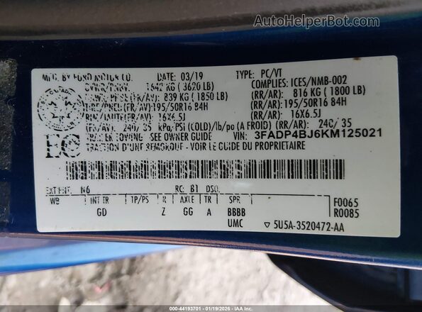 3FADP4BJ6KM125021 2019 FORD FIESTA Blue Вид підкапотного простору