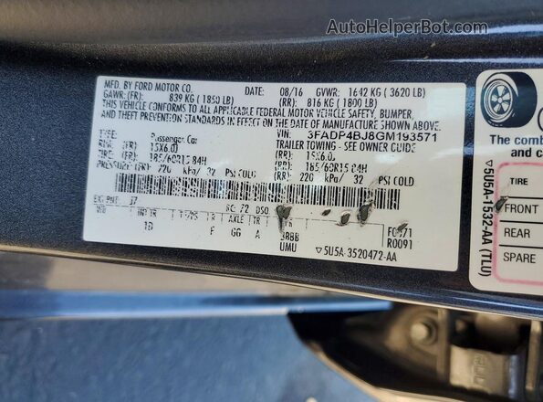 3FADP4BJ8GM193571 2016 FORD FIESTA Charcoal ძრავის განყოფილების ხედი