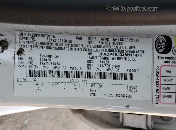 3FADP4EJ3JM111474 2018 FORD FIESTA White 