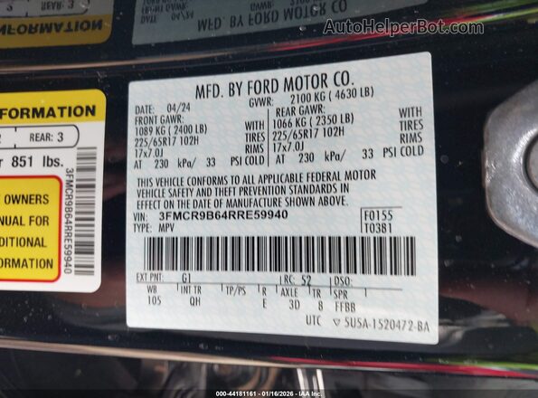 3FMCR9B64RRE59940 2024 FORD BRONCO SPORT Black Вид підкапотного простору