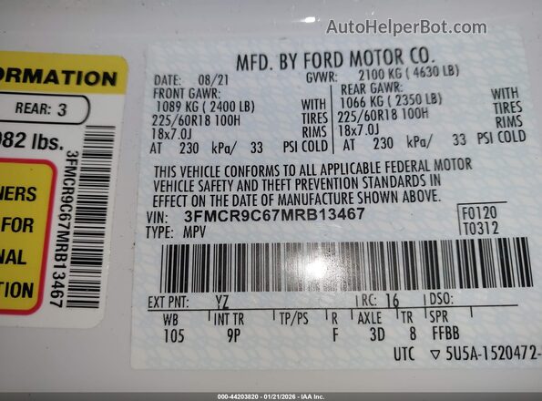 3FMCR9C67MRB13467 2021 FORD BRONCO SPORT White Vista del compartimento del motor