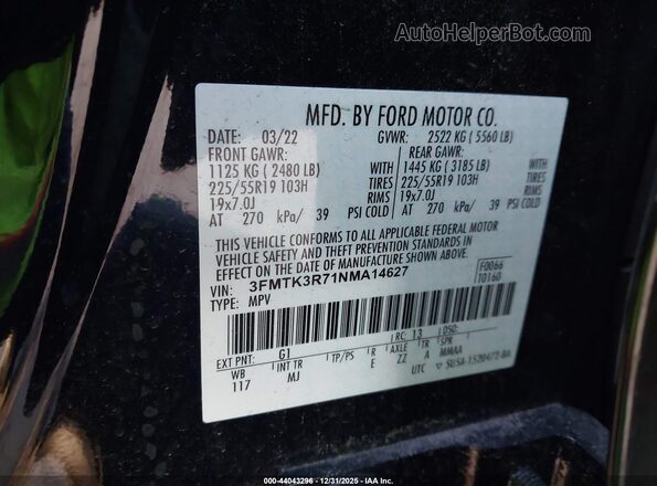 3FMTK3R71NMA14627 2022 FORD MUSTANG MACH-E PREMI Black Engine compartment view