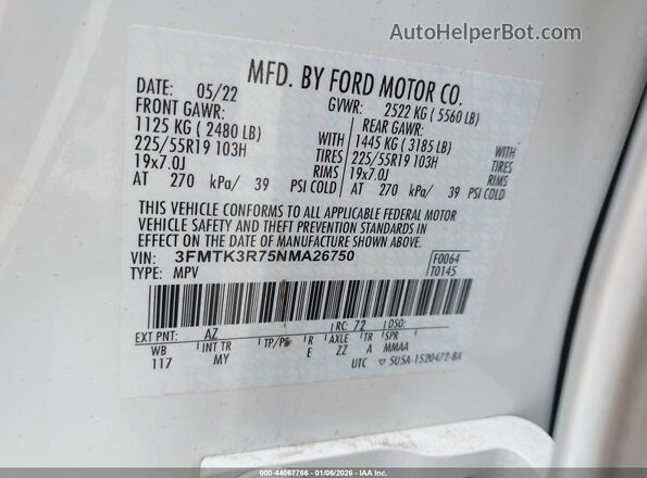 3FMTK3R75NMA26750 2022 FORD MUSTANG MACH-E PREMI White 
