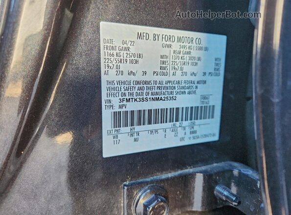 3FMTK3SS1NMA25352 2022 FORD MUSTANG MACH-E PREMI Gray Вид наклейки з VIN-кодом