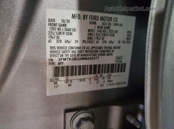 3FMTK3SU2MMA00377 2021 FORD MUSTANG MACH-E PREMI Silver VIN կոդի պիտակի տեսք