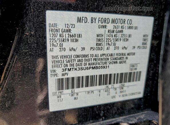 3FMTK3SU6PMB05931 2023 FORD MUSTANG MACH-E PREMI Black VIN კოდის სტიკერის ხედი