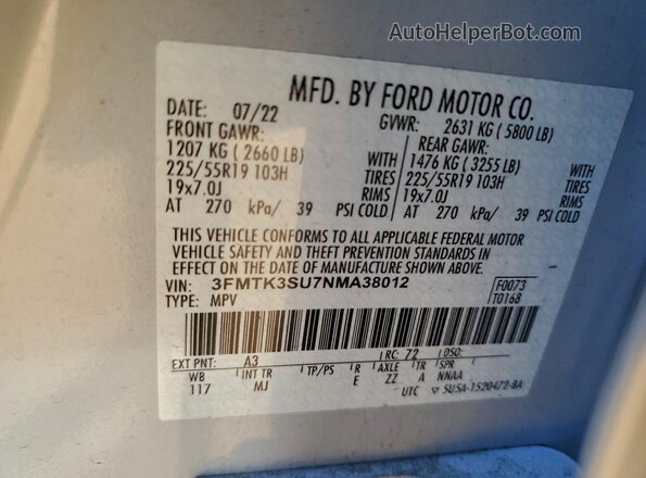 3FMTK3SU7NMA38012 2022 FORD MUSTANG MACH-E PREMI White Вид підкапотного простору
