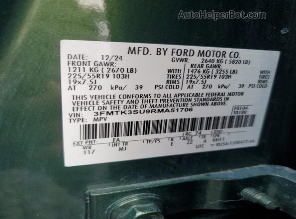 3FMTK3SU9RMA51706 2024 FORD MUSTANG MACH-E PREMI Green VIN კოდის სტიკერის ხედი