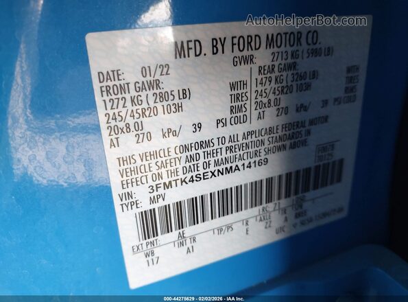 3FMTK4SEXNMA14169 2022 FORD MUSTANG MACH-E Синий Вид подкапотного пространства