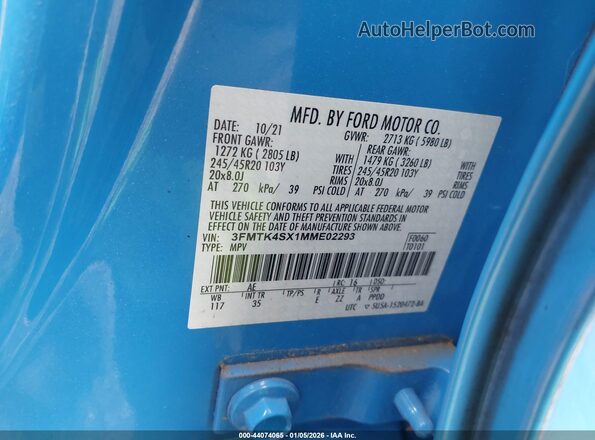 3FMTK4SX1MME02293 2021 FORD MUSTANG MACH-E Blue Vista del compartimento del motor