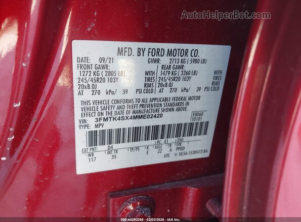 3FMTK4SX4MME02420 2021 FORD MUSTANG MACH-E Red 