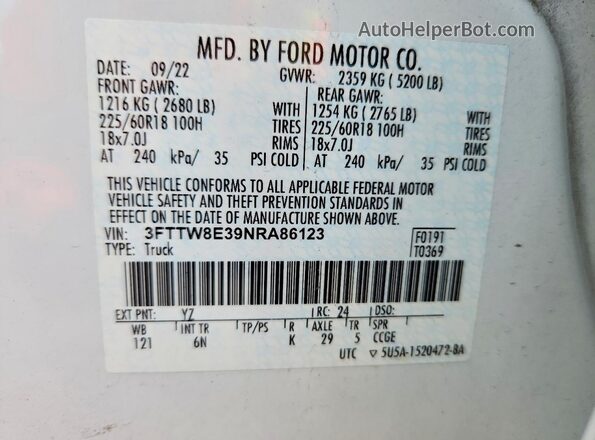 3FTTW8E39NRA86123 2022 FORD MAVERICK White Вид наклейки з VIN-кодом