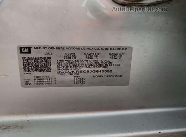 3GCUKREC9JG643592 2018 CHEVROLET SILVERADO Серебряный Вид наклейки с VIN-кодом